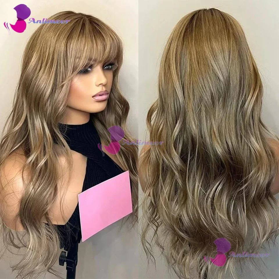 Perucas de Cabelo Humano Loiro Mel com Franja, Onduladas, Sem Cola, 13x6/360, com Renda Frontal, Nós Descoloridos, Franja Completa de Renda