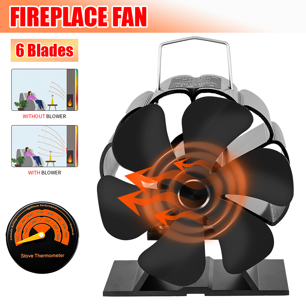 Estufa de calor con ventilador de 6 aspas, chimenea negra, quemador de leña hinchable, ventilador silencioso ecológico, distribución eficiente del calor para el hogar