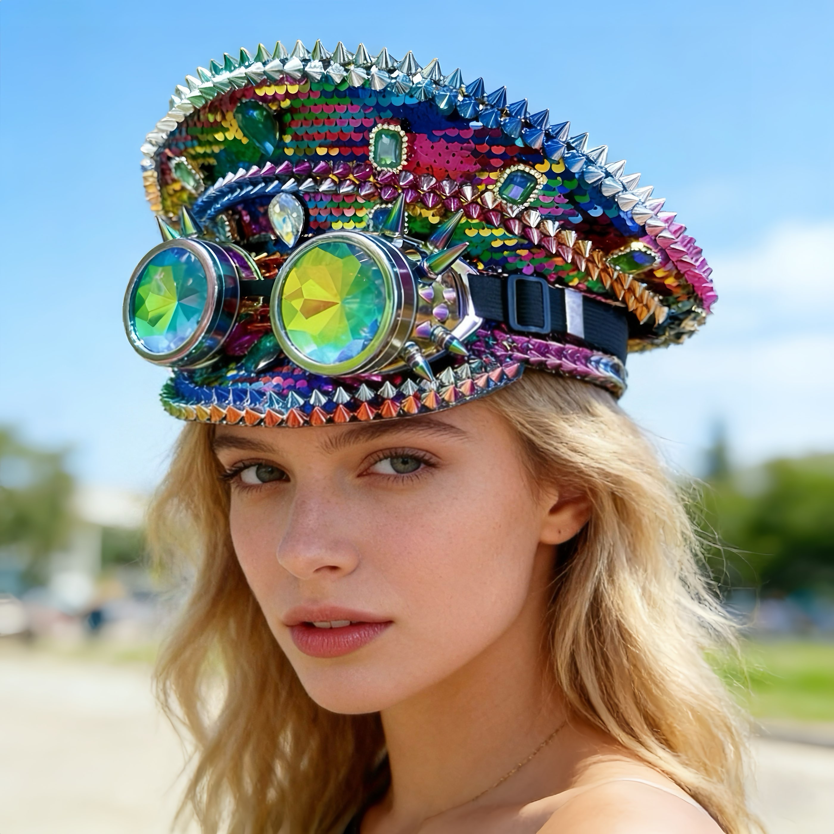 Wielokolorowy Steampunk Festiwal Kapelusz Kapitański Rhinestone Gogle Masquerade Unisex Dorosły Cekinowa Czapka Wojskowa Festiwal Muzyczny Cosplay