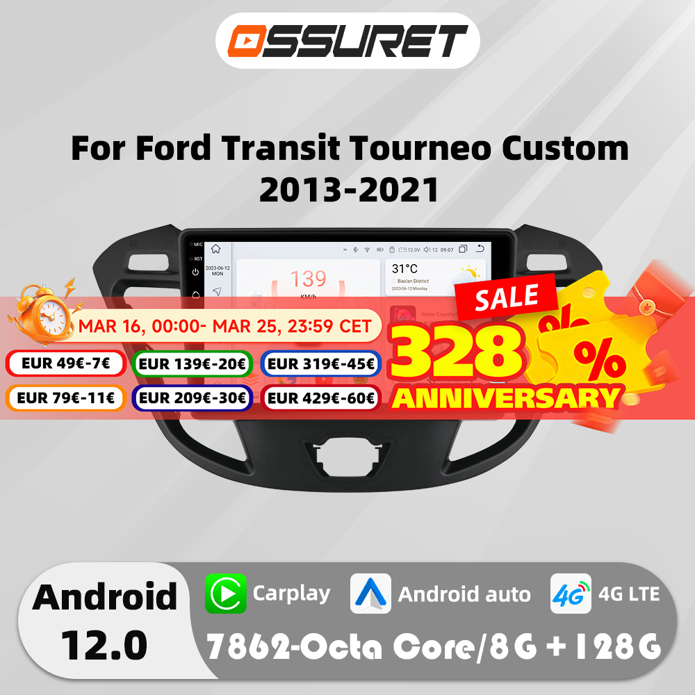 9 "Android 12 Radio samochodowe GPS Stereo dla Ford Transit Tourneo Custom 2013-2021 Odtwarzacz multimedialny 4G Carplay 7862 8 rdzeni Autoradio
