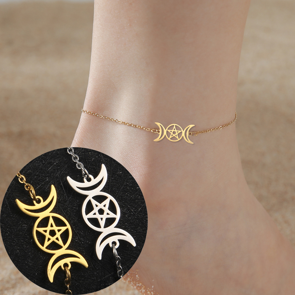 Dawapara potrójny księżyc Wiccan bransoletka na kostkę półksiężyc Pentagram bogini symbol bransoletka ze stali nierdzewnej biżuteria w stylu vintage