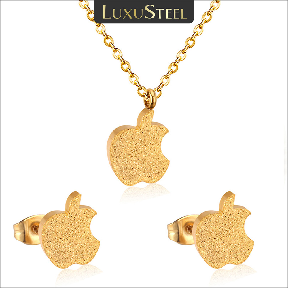 LUXUSTEEL Set Anting Kalung Pengantin Bentuk Apel Liontin Kupu-kupu Bunga Baja Tahan Karat Perhiasan Wanita Pesta Lucu