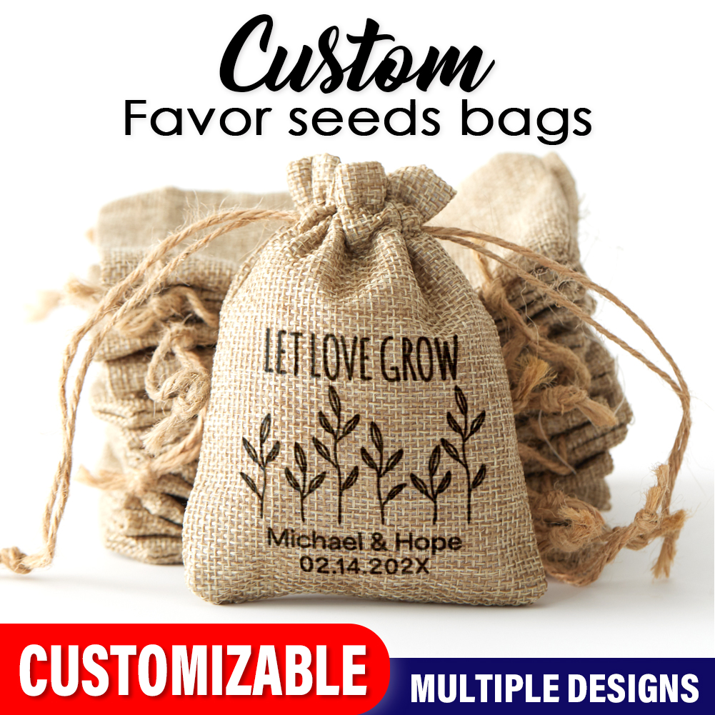 25 Stück personalisierte Sackleinen-Hochzeitsbevorzugungsbeutel mit Let Love Grow Geschenkbeutel für Hochzeiten, Partys, Veranstaltungen – Gastsamen-Geschenktüte
