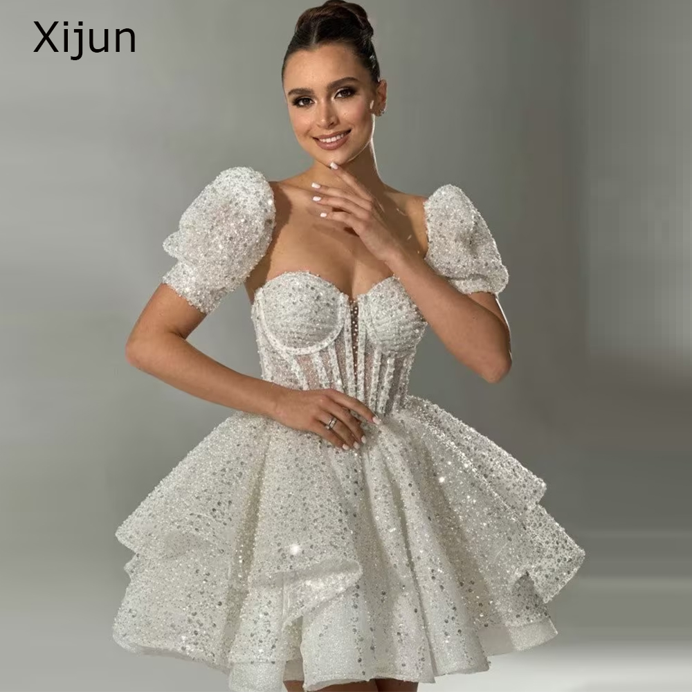 Xijun-vestido de noche corto blanco, minivestido de novia con escote en forma de corazón, mangas desmontables, vestidos de graduación, vestido Formal de fiesta para novia 2023
