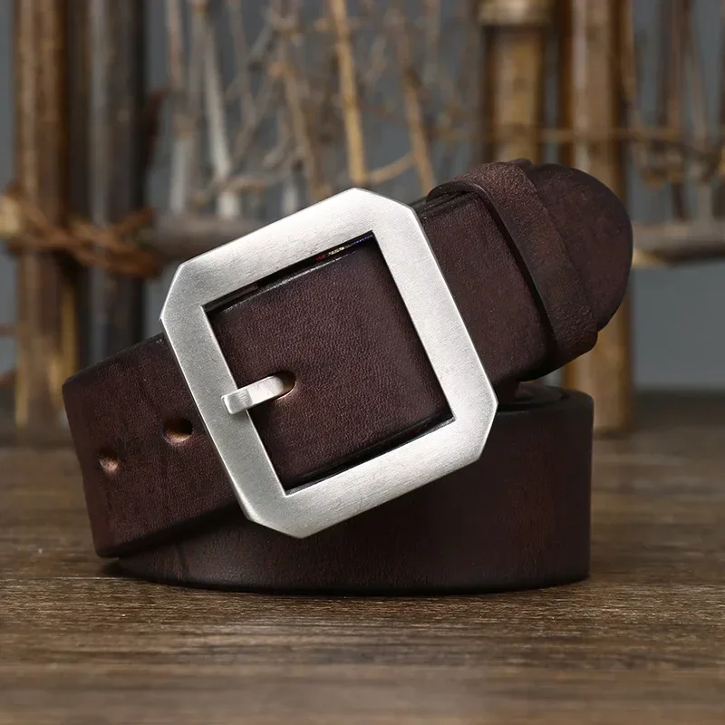 Cinturón vaquero informal de cuero genuino de vaca de 3,8 CM de espesor para hombre, hebilla de acero inoxidable de alta calidad, correa masculina de lujo, Cintos de vaquero