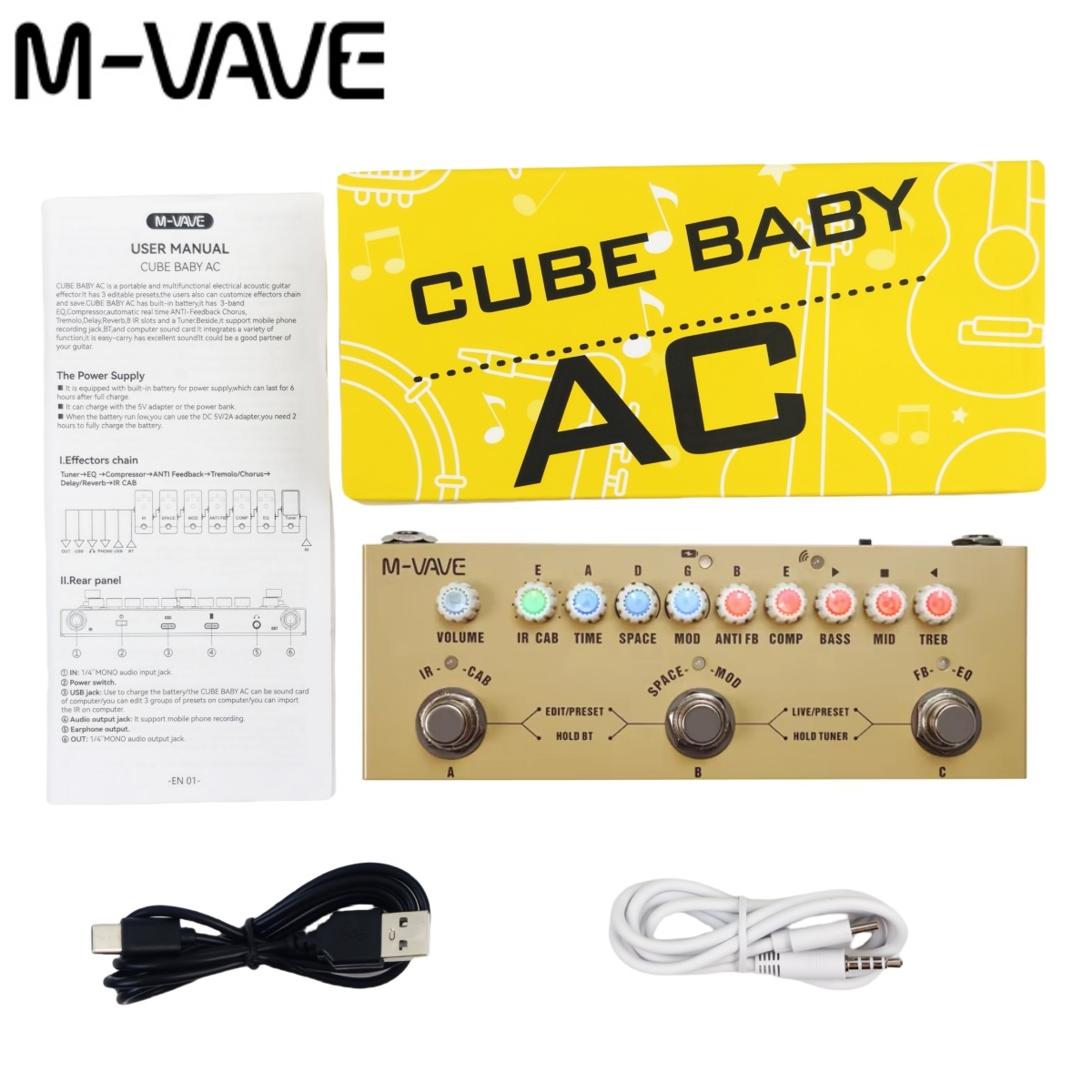 M-VAVE Cube Baby AC Pro アコースティックギタープロセッサー |   9 AMP/IR シム (Dly/Chs/Rvb FX 付き) |   USB オーディオ インターフェイスと Type-C 充電
