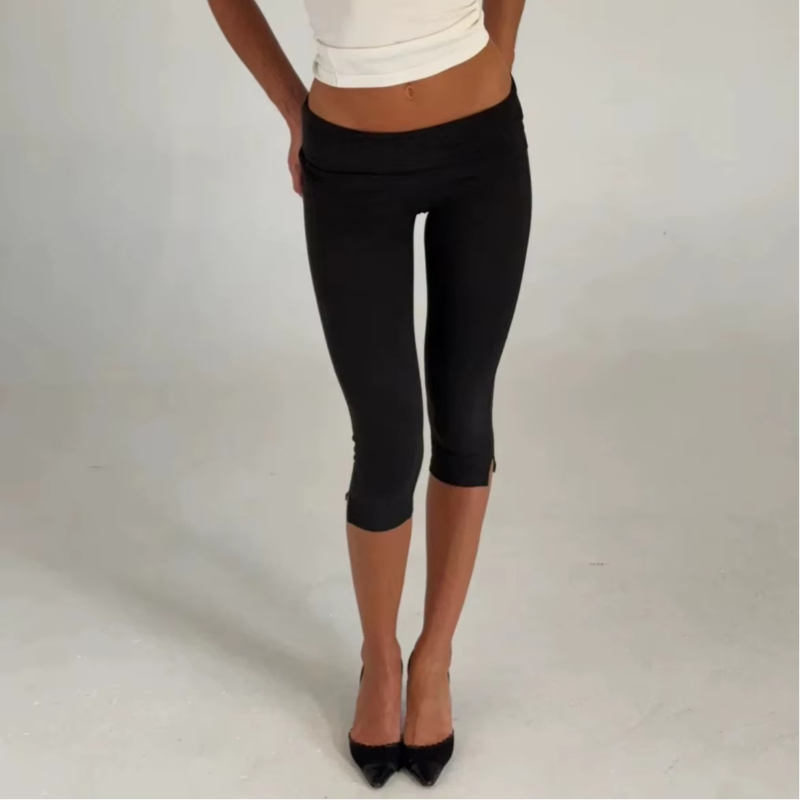 Celana Skinny Wanita Model Low Rise Split Hem Panjang Sedang, Legging Capri Lipat Polos, Celana Yoga Kasual Streetwear Musim Panas