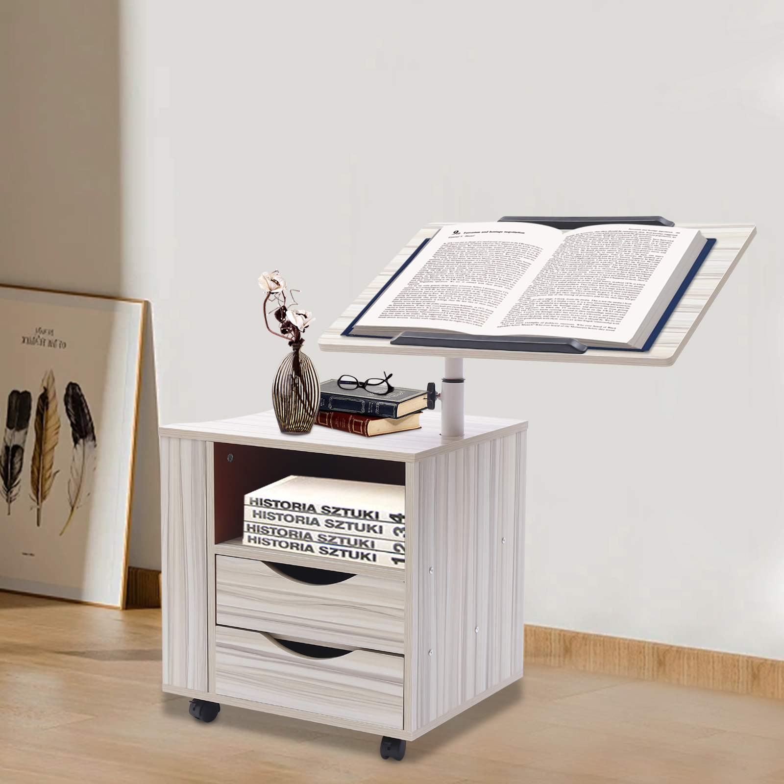 Movable White Bedside Table with Adjustable Bedside Table for Bedroom, Living Room, Study