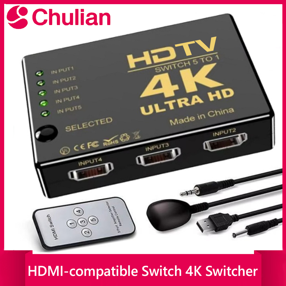 5-входовый 1-выходный HDMI-совместимый видеопереключатель 4K с ИК-пультом дистанционного управления для Xbox, PS4, DVD, HDTV, ПК, ноутбуков, телевизоров