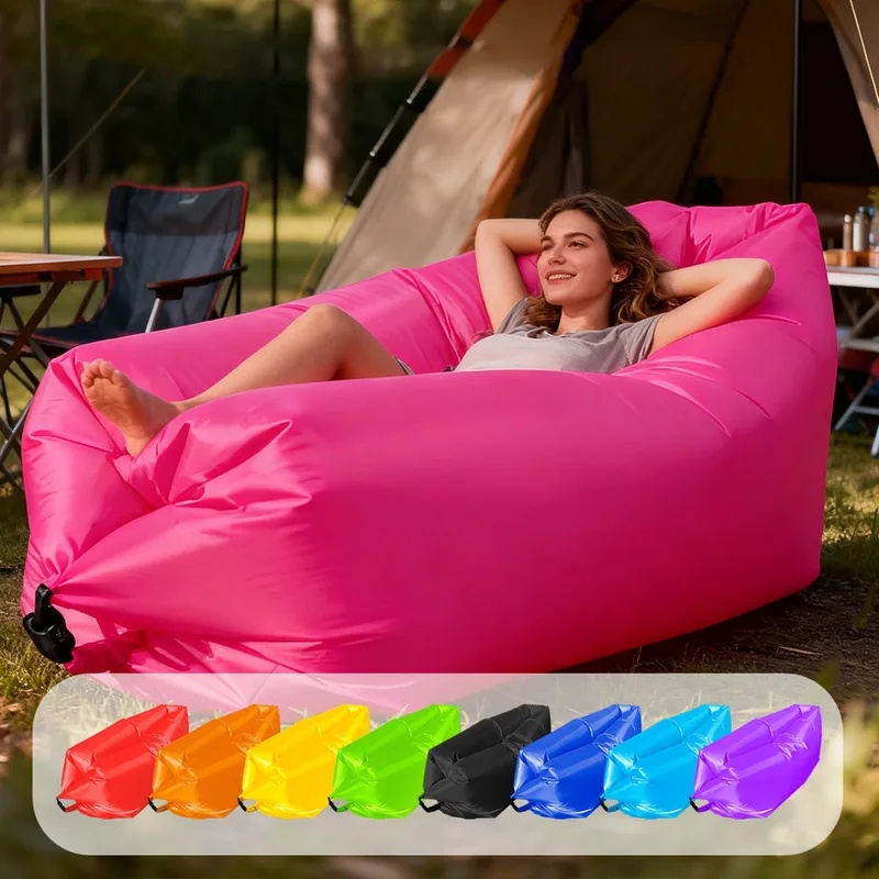 Draagbare, meerkleurige opblaasbare luie bank, opvouwbare luchtbank voor buiten, strand, kamperen, relax-ligstoel voor één persoon