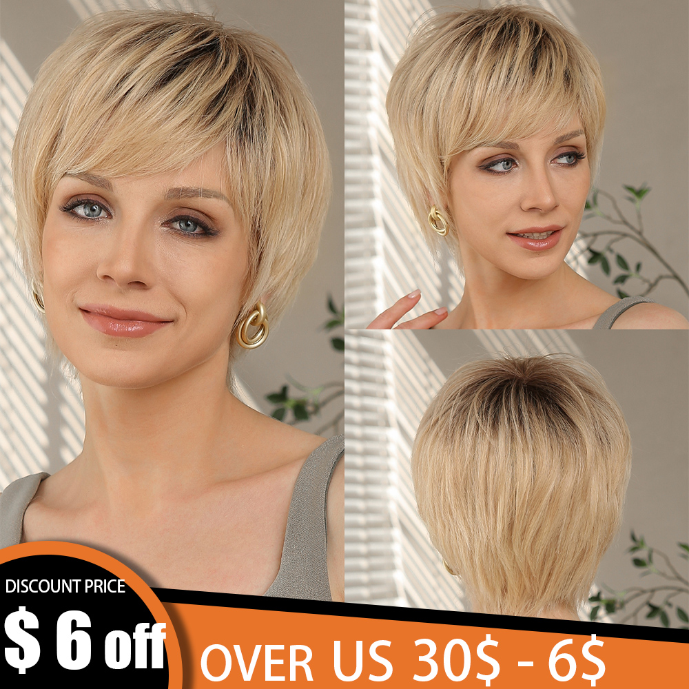 100% Remy rambut manusia Ombre pirang renda Wig depan dengan poni Pixie rambut potong pendek lurus Wig berlapis untuk wanita Wig manusia Bob