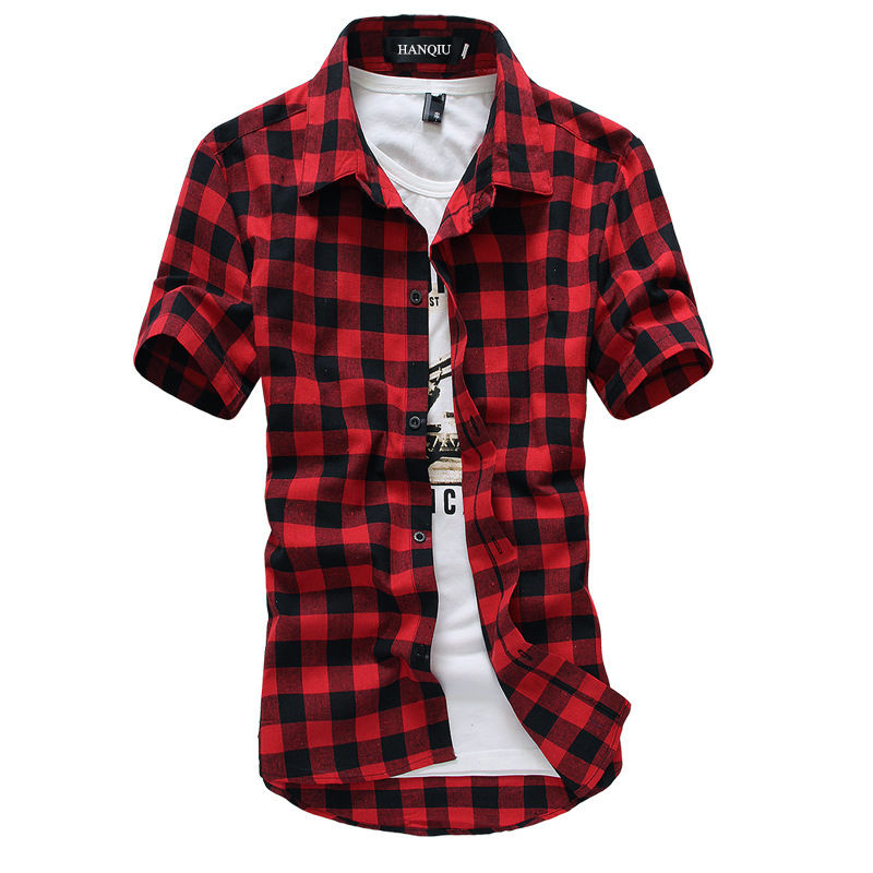 Camicia Casual da Uomo in Flanella a Quadri, Manica Corta, Rossa a Scacchi, con Bottoni, per Uso Quotidiano e Streetwear