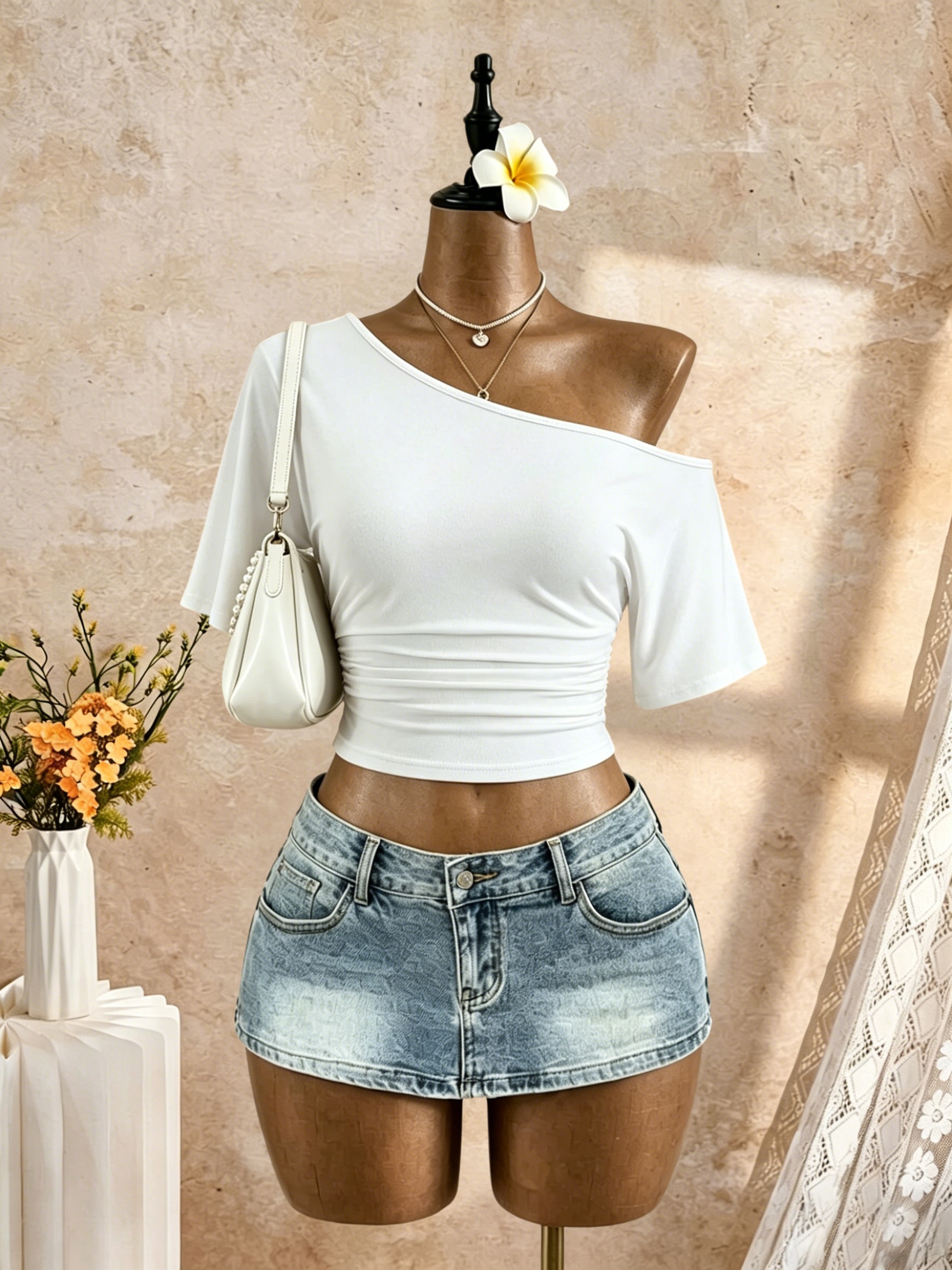 Damska bluzka z jednym ramieniem, krótkim rękawem, marszczeniami po bokach, krótka, typu crop top, lato 2026, styl Y2K, na wyjście, casual, streetwear, topy.