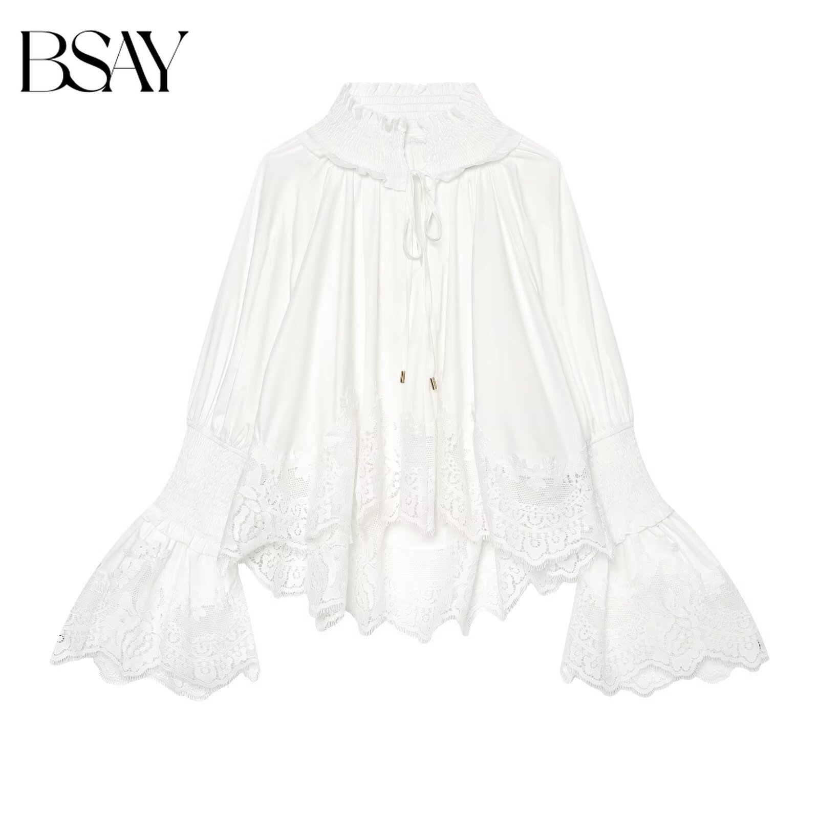 BSAY Modieuze witte kanten borduurblouse voor dames, met ruches, hoge hals, trekkoord, uitlopende klokmouwen, vakantie, losse, casual top