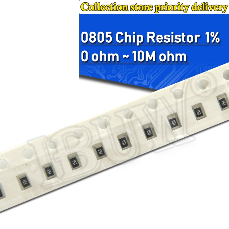 100pcs PLR 0805 1% 1/8W ตัวต้านทานชิป SMD 0R ~ 10M 0 1R 10R 100R 220R 330R 470R 1K 4.7K 10K 47K 100K 1M 10M 0 1 10 100 330 470 โอห์ม