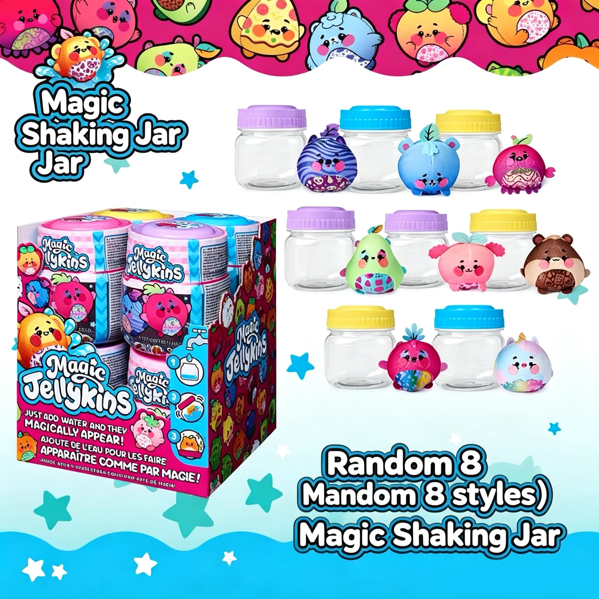 Boneka jellykins ajaib. Masukkan air ke dalam wadah, goyangkan, dan temukan mainan penghilang stres boneka baru Anda (Spin Master).
