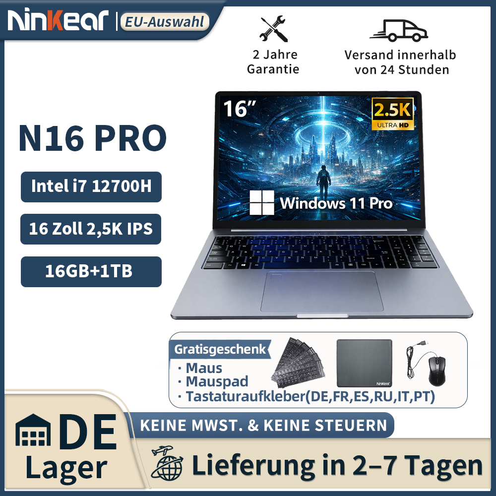 Ninkear N16 Pro Notebook verfügt über ein 16-Zoll-2,5K-Display mit 120 Hz, einen Intel Core i7-12700H Prozessor, WiFi 6 Unterstützung, 16 GB RAM, eine 1 TB SSD, vorinstalliertes Windows 11, Laptops für den Bürogebrauch