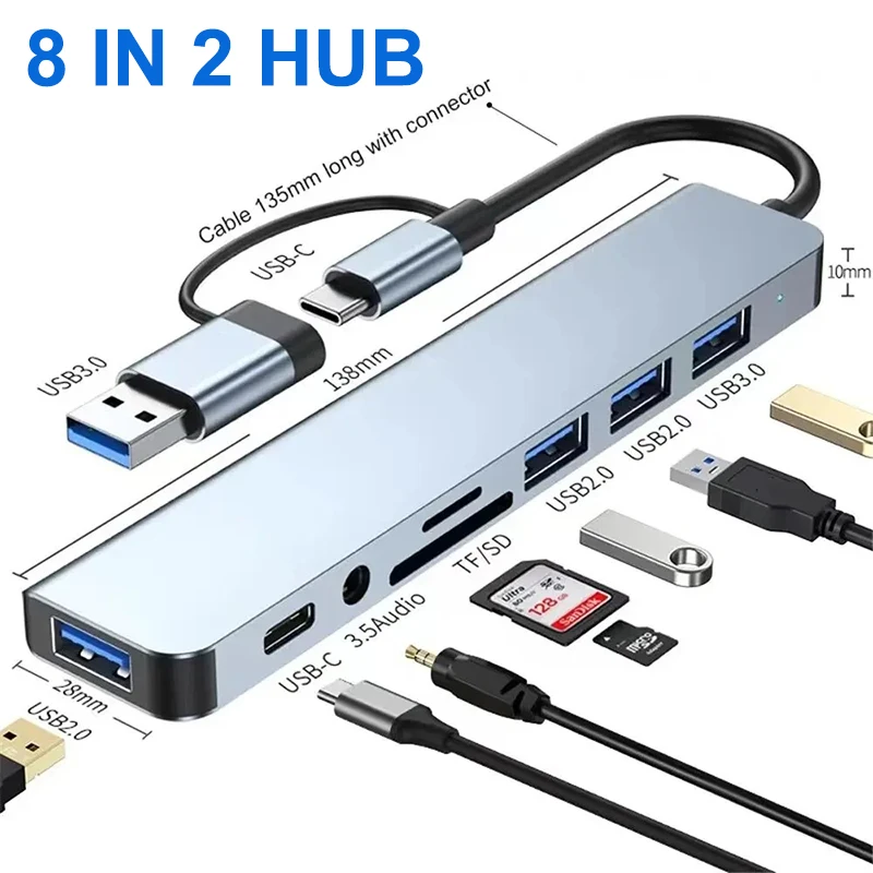 Stacja dokująca 8 w 2 USB-C z czytnikiem kart Micro SD i adapterem gniazda audio 3,5 mm do laptopa, tabletu, telefonu, konwerter dysków