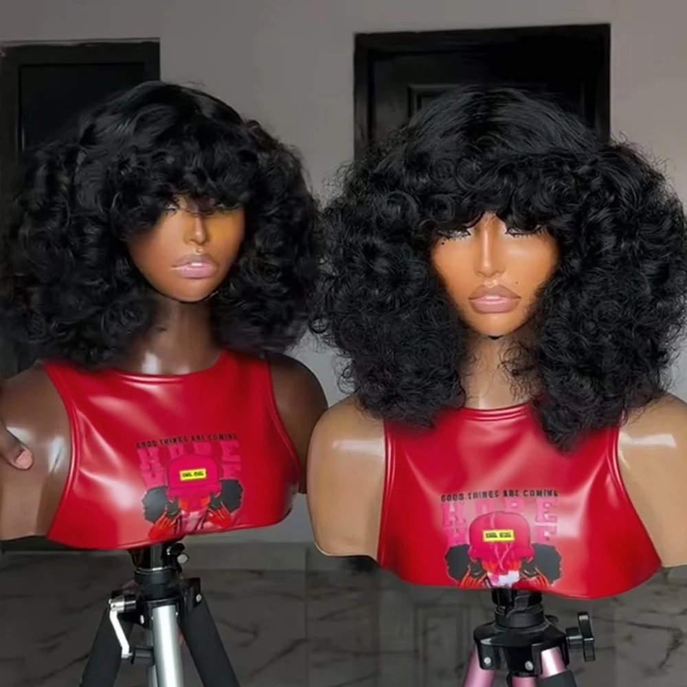 Parrucca Vietnamita di Alta Qualità, Pre-tagliata, Senza Colla, con Frangia, Capelli Umani, Ricci Grandi e Voluminosi, Parrucca Afro Naturale Crespa, Completamente Realizzata a Macchina, Pronta da Indossare, Senza Colla, con Frangia, Parrucche Ricci Funmi