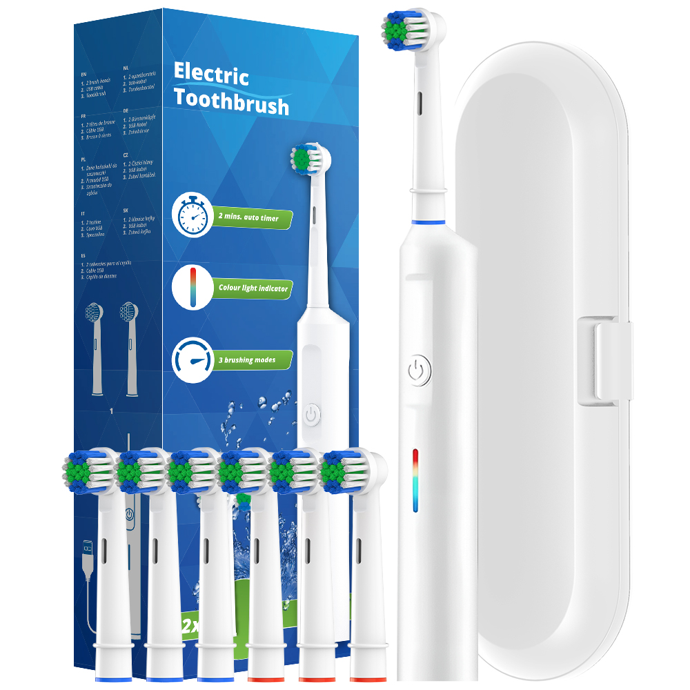 Escova de dentes elétrica rotativa inteligente, escovas de dentes rotativas recarregáveis com 6 cabeças, compatível com cabeça de escova de substituição Oral B