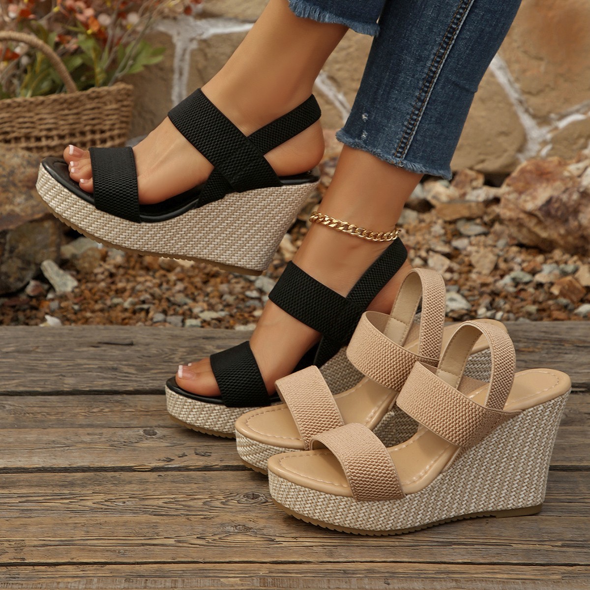 Sandalias de cuña ligeras para mujer, con punta abierta, suela gruesa, estilo casual de verano, con tira trasera y plataforma.