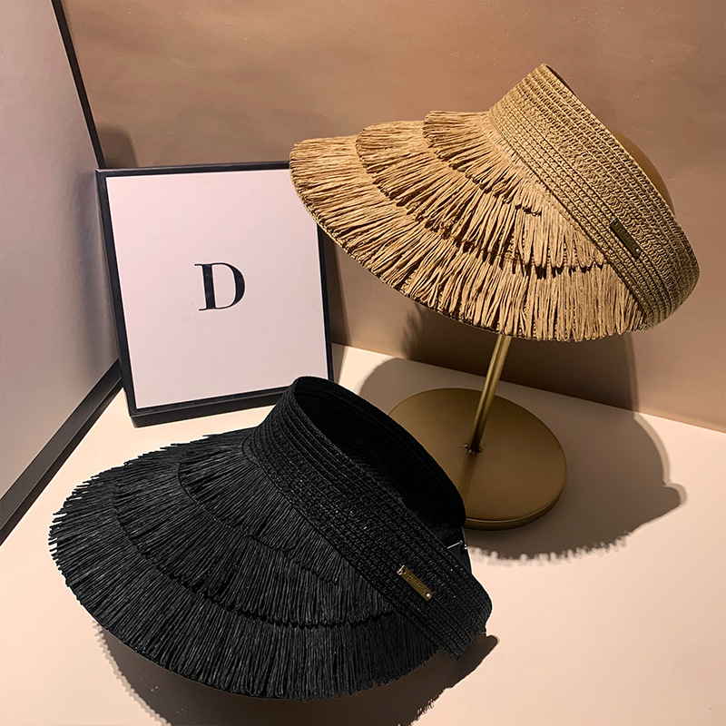 Cappelli di paglia con nappa per protezione solare di marca di design per le donne Cappello da sole estivo vuoto superiore Cappello da sole da spiaggia con protezione UV per esterni Pamama