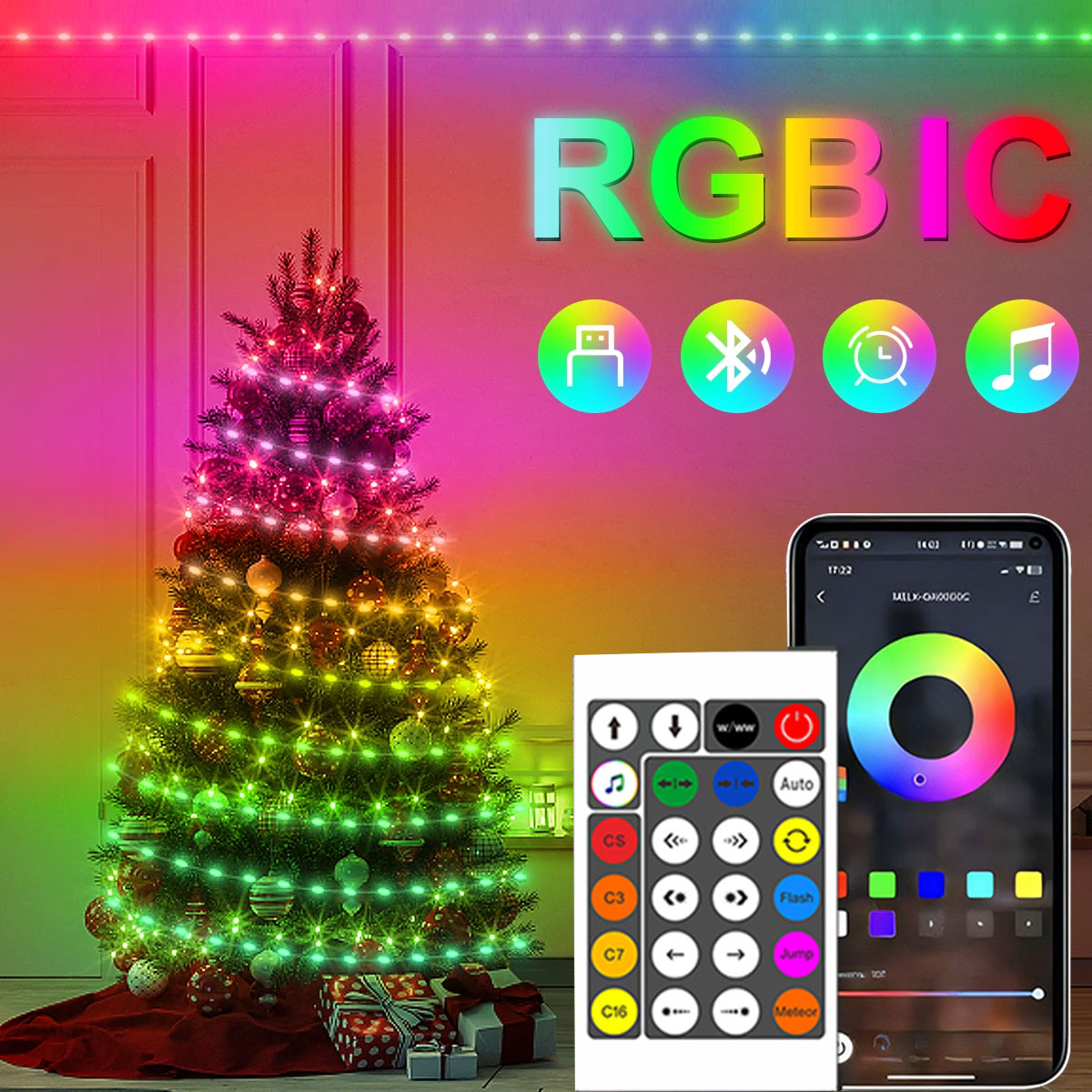 20M Color de sueño USB 5V luz LED de picadura Bluetooth aplicación de música RGBIC luces de hadas direccionables guirnalda de fiesta de cumpleaños decoración de Navidad