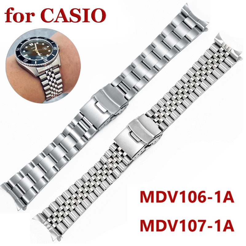 22mm MDV106 Watch Band Diving Watch Bracelet for Casio  MDV-106 MDV-107 Metal Wrist Band Silver Steel Strap MDV106