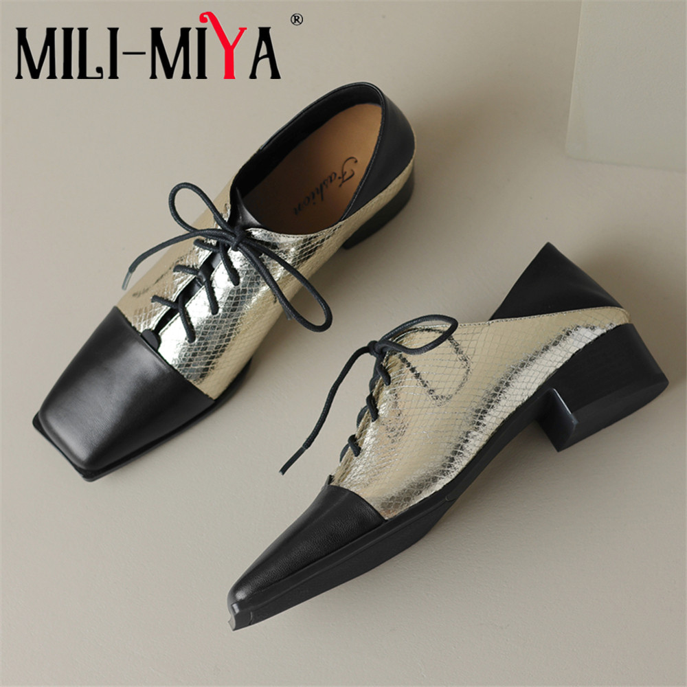 MILI-MIYA Mode Metallic Microvezel Gemengde Kleur Vrouwen Koe Lederen Pumps Vierkante Neus Dikke Hakken Klassieke Veters Casual Street S