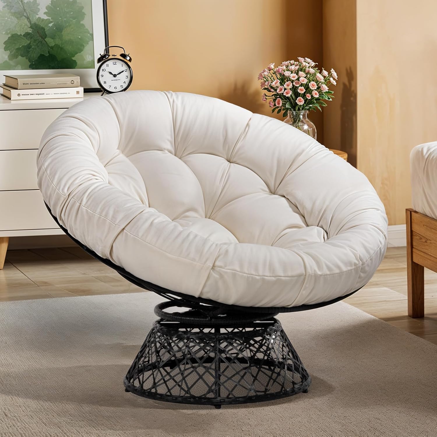 Übergroß 360 °   Drehbarer Papasan-Gartenstuhl mit 6 Zoll dickem Kissen, handgeflochtene Wicker-Eierstühle für Innen- und Außenbereiche, Balkon, Garten