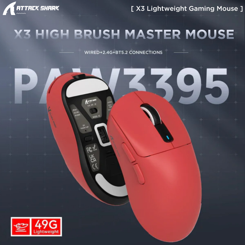 Mysz Bluetooth Attack Shark X3, PixArt PAW3395, 26000 dpi, bezprzewodowe połączenie trójtrybowe 2,4 g, lekka mysz do gier makro