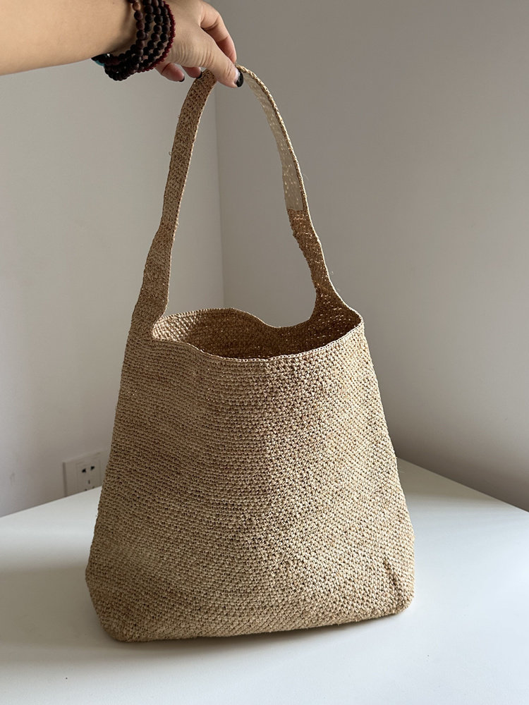 Tas Bahu Jerami Besar Tenun Tangan Lembut, Tas Jinjing Gagang Jerami Boho, Tas Pantai Musim Panas Retro, Tas Tangan Rotan Tenun Tangan