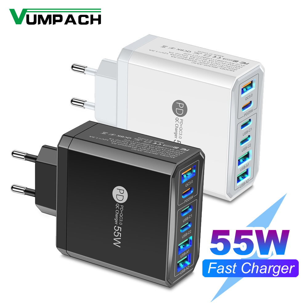 55W 3 พอร์ต USB 3 PD Charger อะแดปเตอร์ชาร์จสําหรับ Xiaomi iPhone 16 14 13 Samsung โทรศัพท์มือถือปลั๊กชาร์จ QC 3.0 Wall Charger