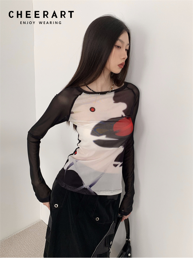 CHEERART-Camiseta de manga larga de malla para mujer, ropa transparente, Camisetas estampadas, ropa de moda, Y2k, primavera 2023