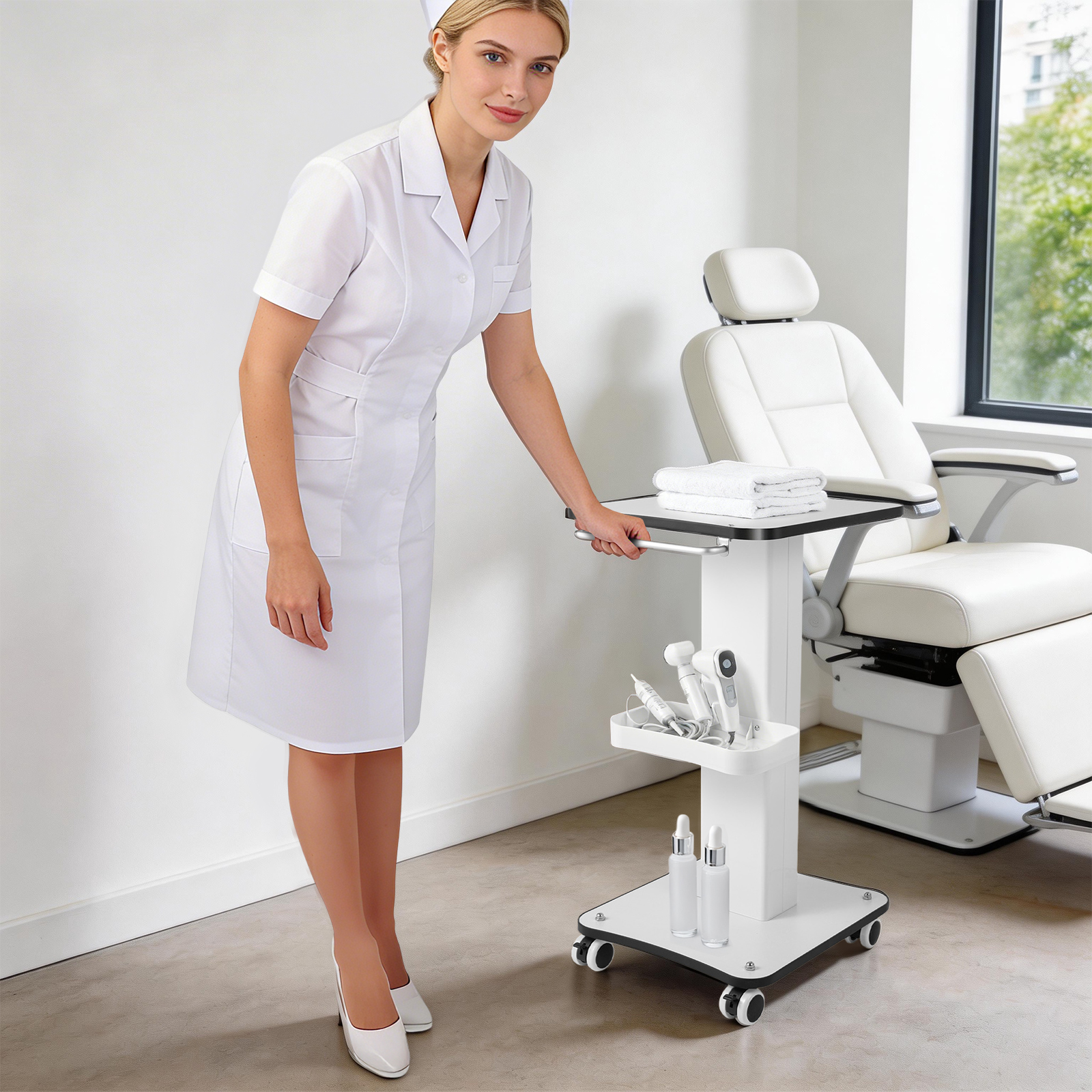 Carrinho de Transporte com Capacidade de 40kg e Bandeja Branca, Carrinho de Salão com Alça Ergonômica para Spa, Salão, Hospital e Armazenamento Doméstico