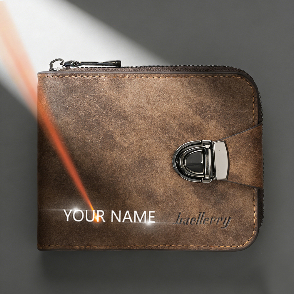 Carteras cortas con grabado de nuevo nombre para hombre, Clips para tarjetas Retro de alta calidad, soporte para fotos, monedero masculino con cremallera, Clips para dinero