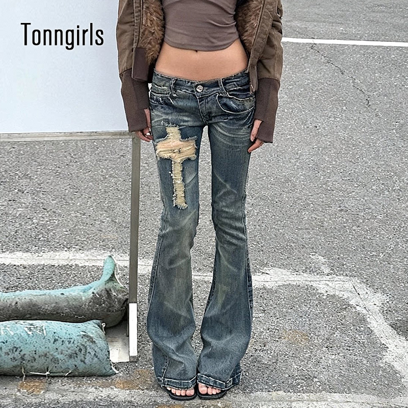 Tonngirls Celana Jeans Jepang 2000-an Celana Denim Pinggang Rendah Wanita Celana Panjang Y2k Retro Amerika Celana Jeans Slim E-girls