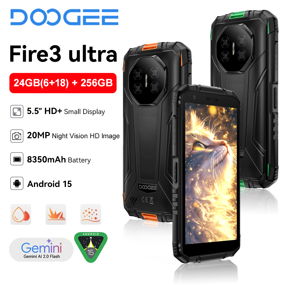 Смартфон DOOGEE Fire 3 Ultra Rugged с 5,5-дюймовым HD+ дисплеем, процессором UNISOC T7200, 24 ГБ + 256 ГБ памяти, аккумулятором 8350 мАч, разрешением 16 Мп + 20 Мп, операционной системой Android 15 и NFC.