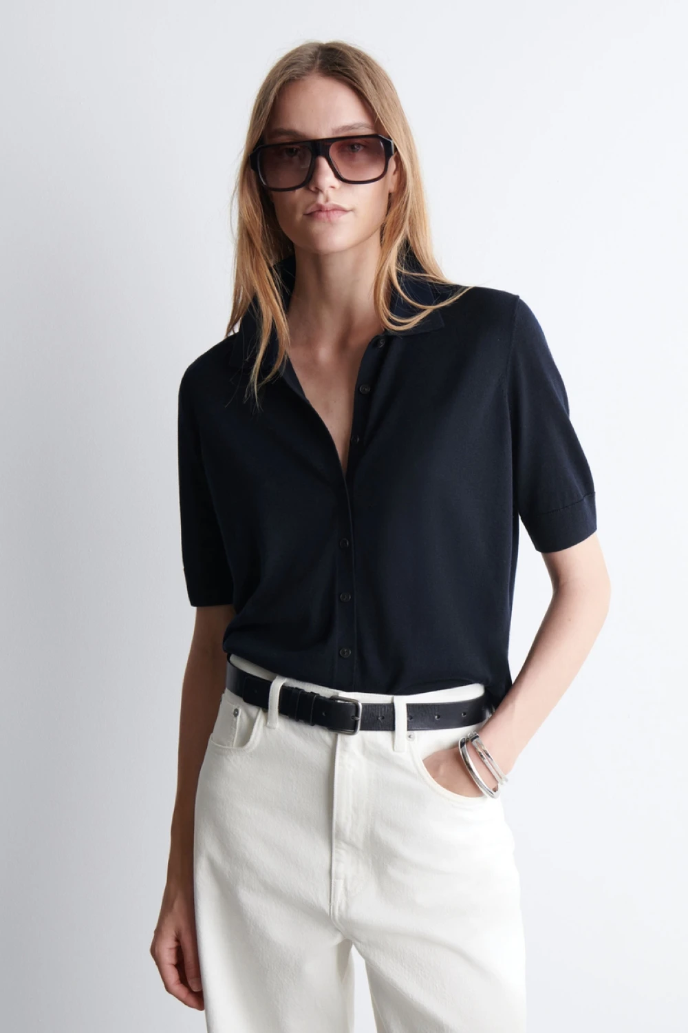 XIMIAN APPAREL 2026 YAZHIMEI cos summer new style of Ladies' casual fashion slim-fitting Navy blue short-sleeved POLO cardigan