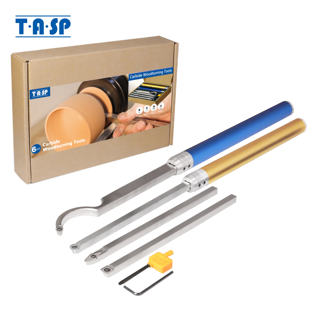 Tasp conjunto de ferramentas para torneamento de madeira, cortador de inserções de carboneto 6 em 1, ferramentas para torneamento de madeira, pescoço de cisne, cabo de alumínio para torno de madeira