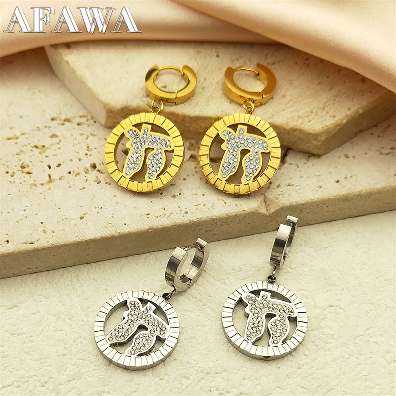 Anting-anting lingkar simbol rantai Yahudi untuk wanita anting-anting jatuh berlian imitasi warna emas baja tahan karat perhiasan EZZZ1010S02