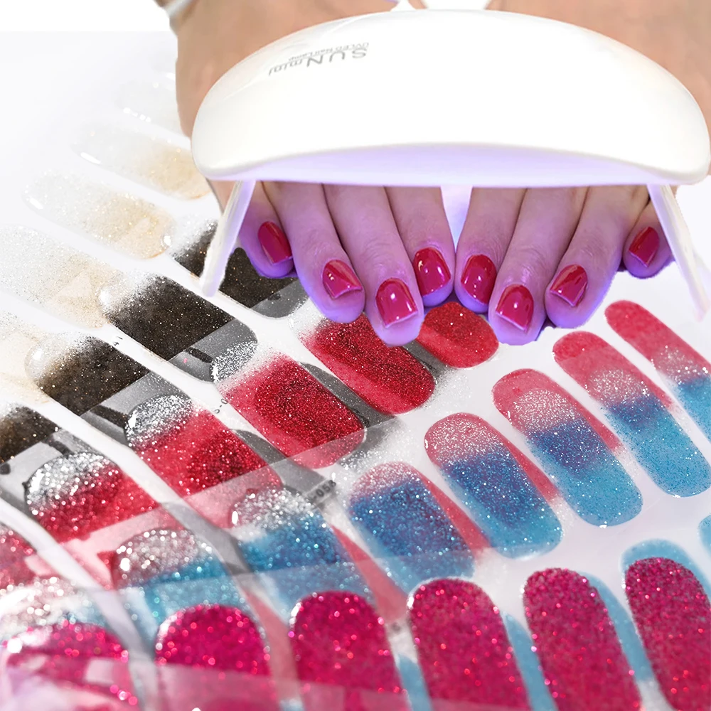 16 ujung Glitter semi-sembuh Gel UV stiker 3D French Gradient mengkilap bubuk Glitter UV Gel stiker penutup penuh lampu UV Glitter Decal
