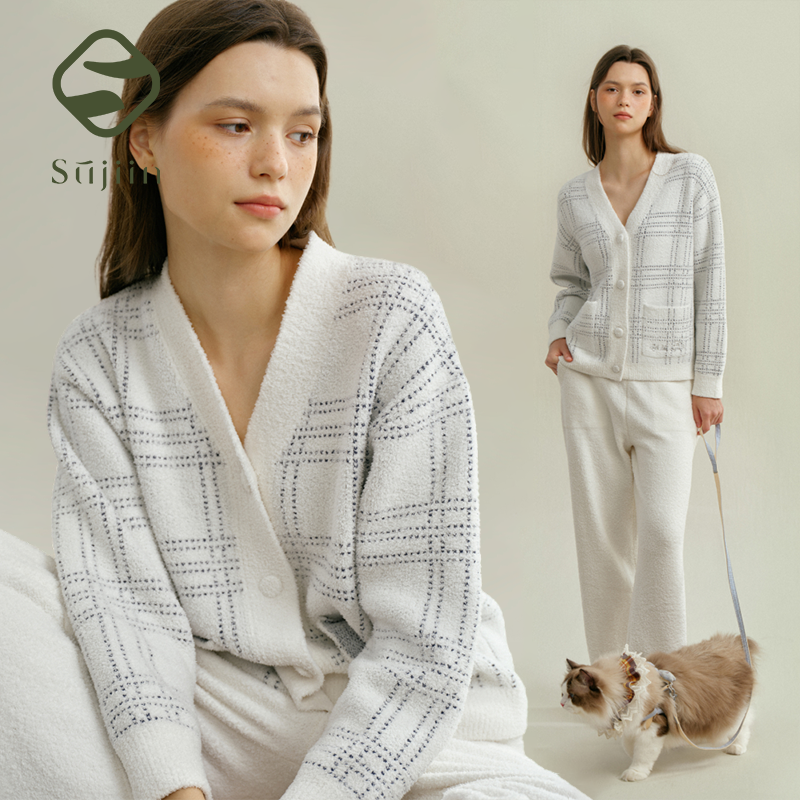 SUJIIN женский комплект из 2 предметов, пижамный комплект, осенне-зимняя повседневная одежда для сна, женский полосатый кардиган, топы, брюки, одежда для дома SH006