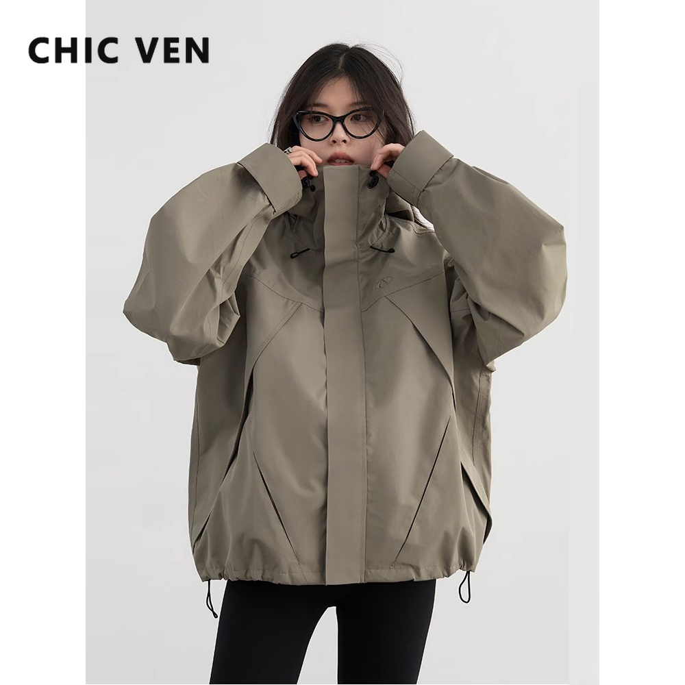 CHIC VEN женская куртка свободные однотонные уличные куртки повседневное спортивное короткое пальто с капюшоном ветрозащитная женская одежда осень-зима 2024