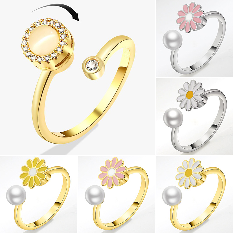 Smskie Cincin Daisy Bague Antistres Rilis Cincin Putar Kecemasan Bunga Tren Mutiara Berputar Perhiasan untuk Hadiah Pesta Wanita