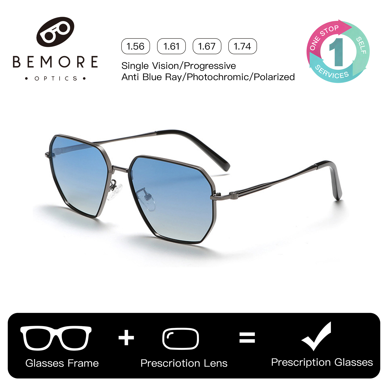 Óculos de sol com prescrição BEMORE Polygon para mulheres, lentes personalizadas polarizadas UV400, proteção solar, lentes personalizadas