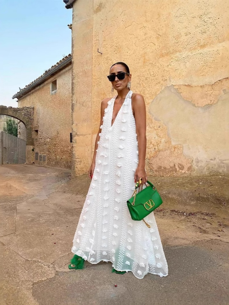 Wmstar robes longues femmes en gros col en V profond solide ample sans manches nouveau dans les vacances d'été robe florale Drop Shopping 2025