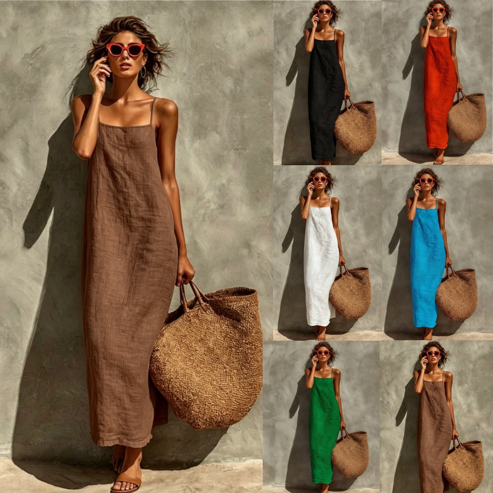 Gaun Maxi Wanita Musim Panas 2026 Katun Linen Tali Spaghetti Warna Solid Longgar Tanpa Lengan Model Slip Gaun Panjang Bohemian Liburan Pantai S