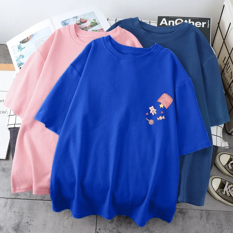 Plus Size 6XL 150KG Zomer Vrouwen Cartoon Katoenen T-shirt Korte Mouw O Hals T-Shirt Koreaanse Casual oversized T-shirt zwarte Top