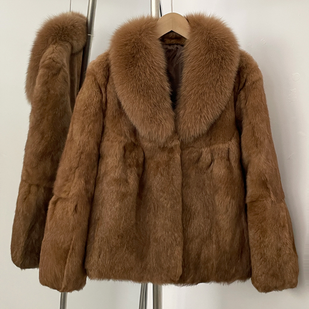 Jaqueta de pele de realidade senhora casaco de pele de coelho natural feminino 2025 grosso quente ashion fofo gola de pele de raposa real casaco de inverno para mulher